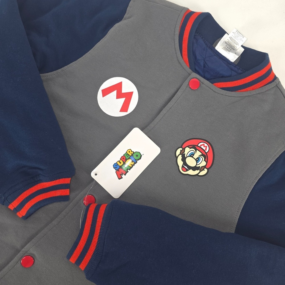Super Mario Varsity Bomber Jacket Kids 10/12 Nintendo School Gamer Nerd Geek NWT